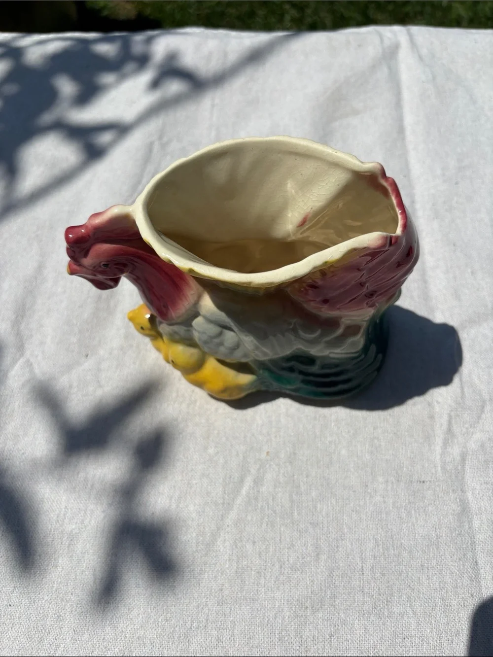 Vintage Hand-Painted Rooster Ceramic Vase in Red, Yellow & Green